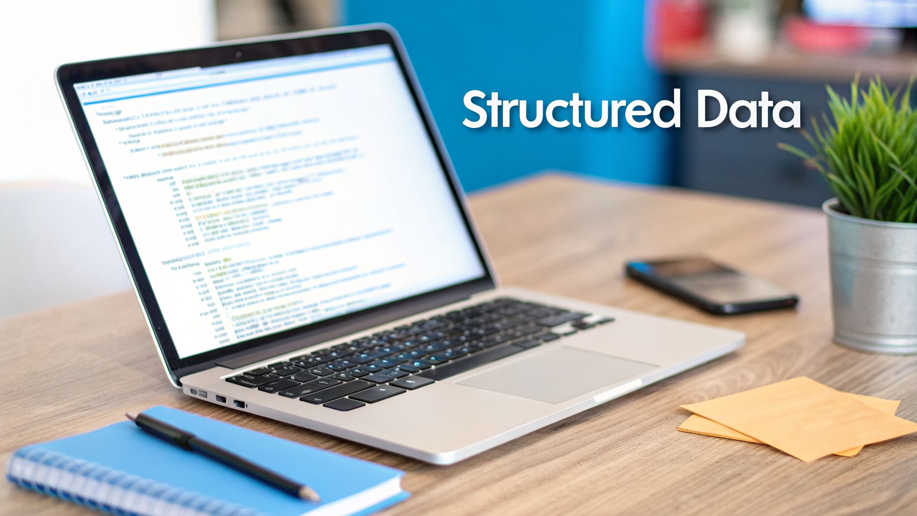 A laptop displaying code on its screen, with 'Structured Data' text overlaid, on a desk.