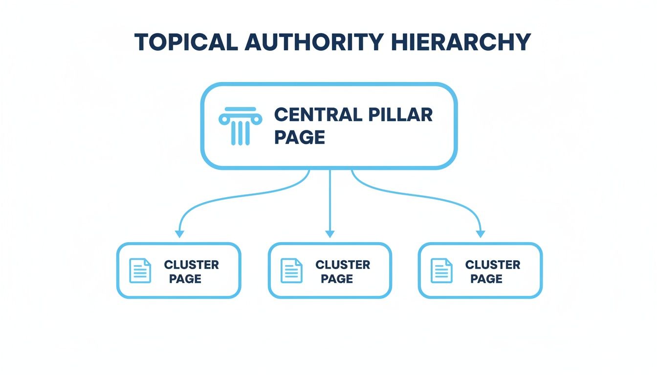 Diagram illustrating topical authority hierarchy with a central pillar page and three supporting cluster pages.