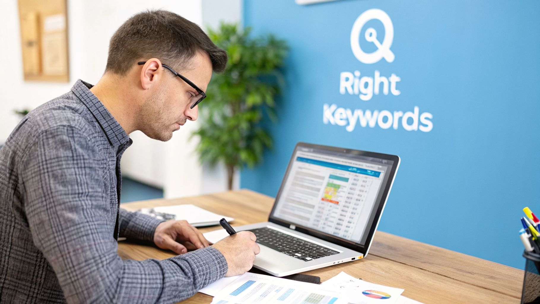 Man working on SEO with laptop and papers, taking notes at a desk.