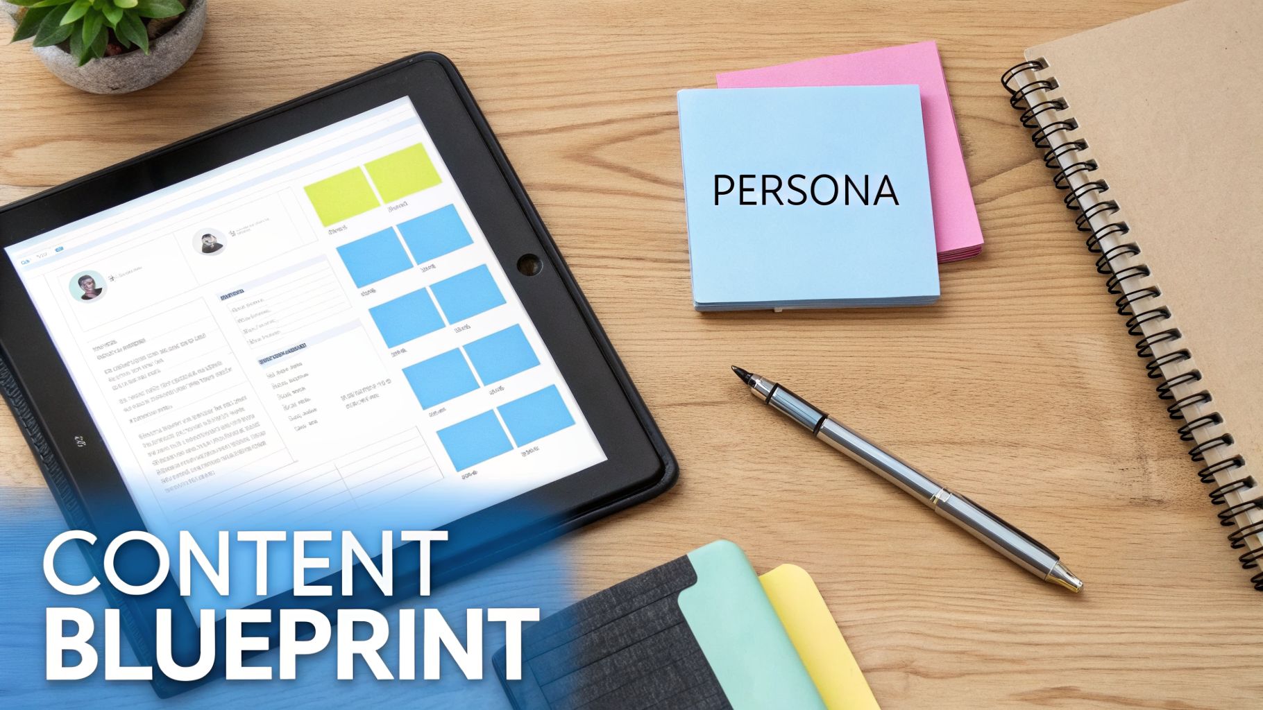 Desk flat lay showing a tablet with a content blueprint, 'PERSONA' sticky notes, pen, and notebook, illustrating content strategy.