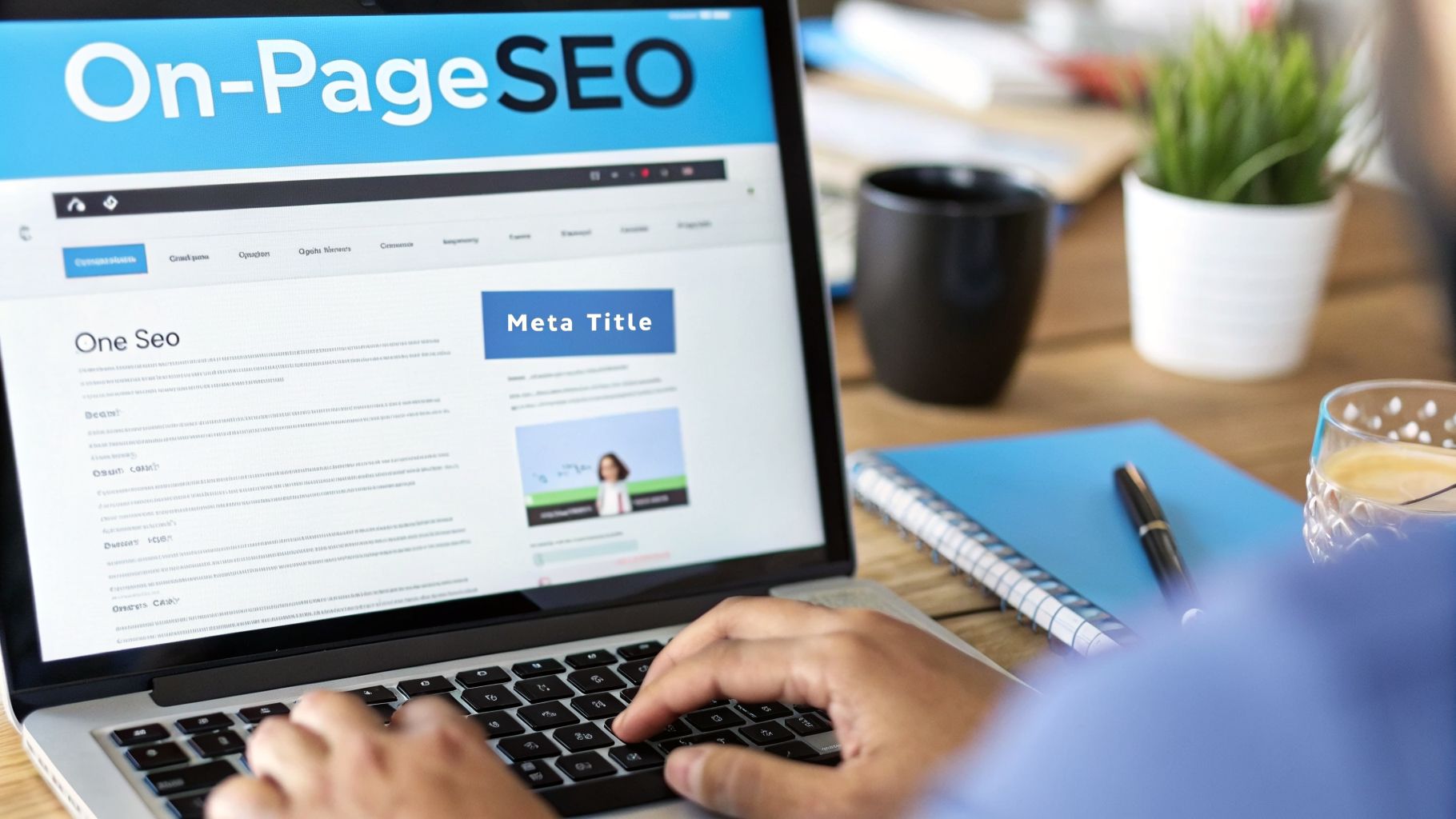 Person typing on laptop, optimizing 'On-Page SEO' and 'Meta Title' for website content.
