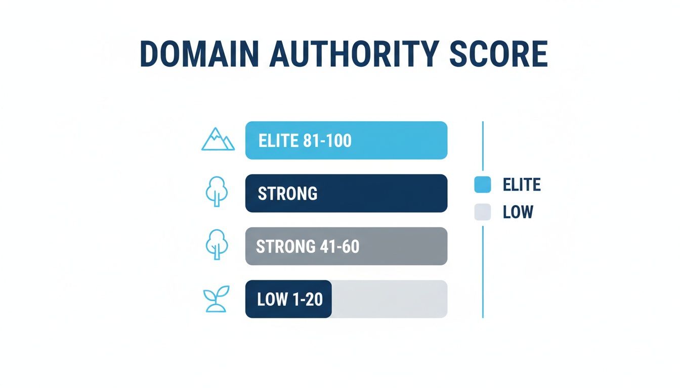 Chart illustrating Domain Authority Score breakdown: Elite (81-100), Strong (41-60), and Low (1-20), with corresponding icons.