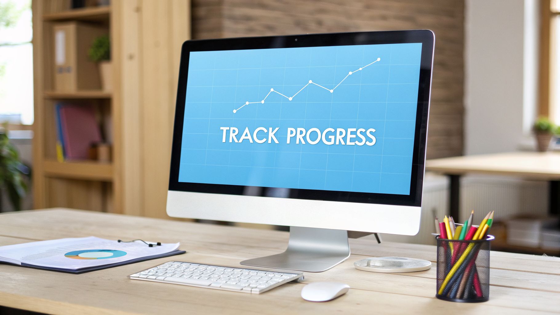 Desktop computer displays 'TRACK PROGRESS' with an upward graph on a wooden office desk.