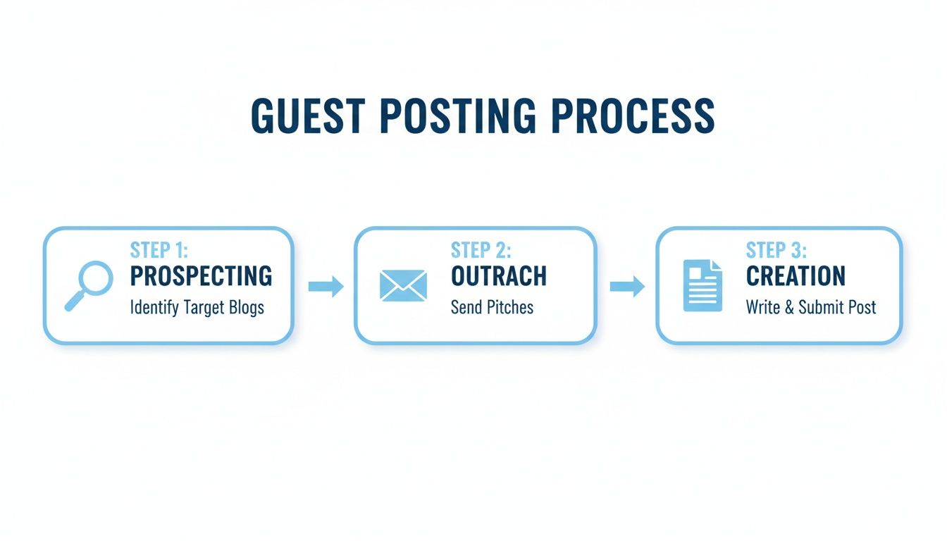 Guest posting process infographic showing three steps: prospecting, outreach, and creation with icons.