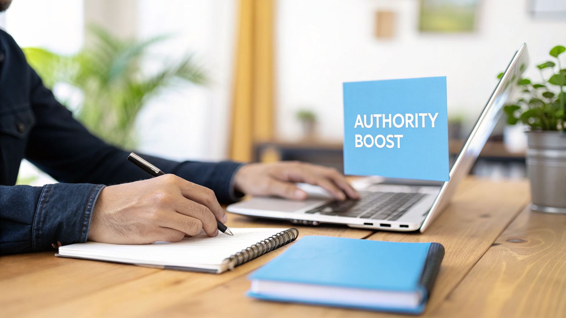 Person writing in a notebook while typing on a laptop with an 'Authority Boost' sign.