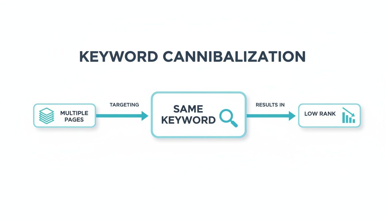 Diagram explaining keyword cannibalization: multiple pages targeting the same keyword result in a low search rank.