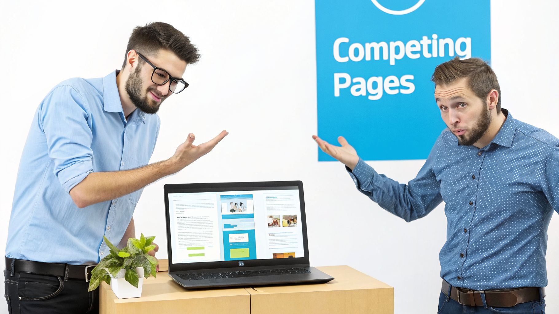 Two men discussing a webpage on a laptop, with a 'Competing Pages' sign in the background.