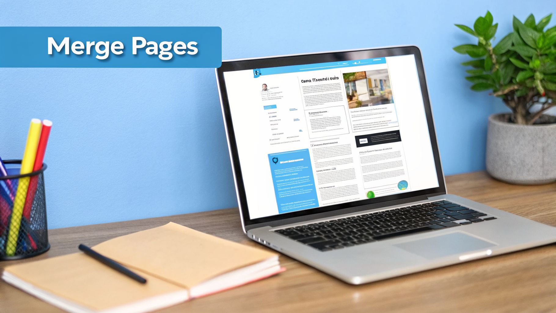 A laptop on a wooden desk displaying a webpage, with a 'Merge Pages' banner in the foreground.