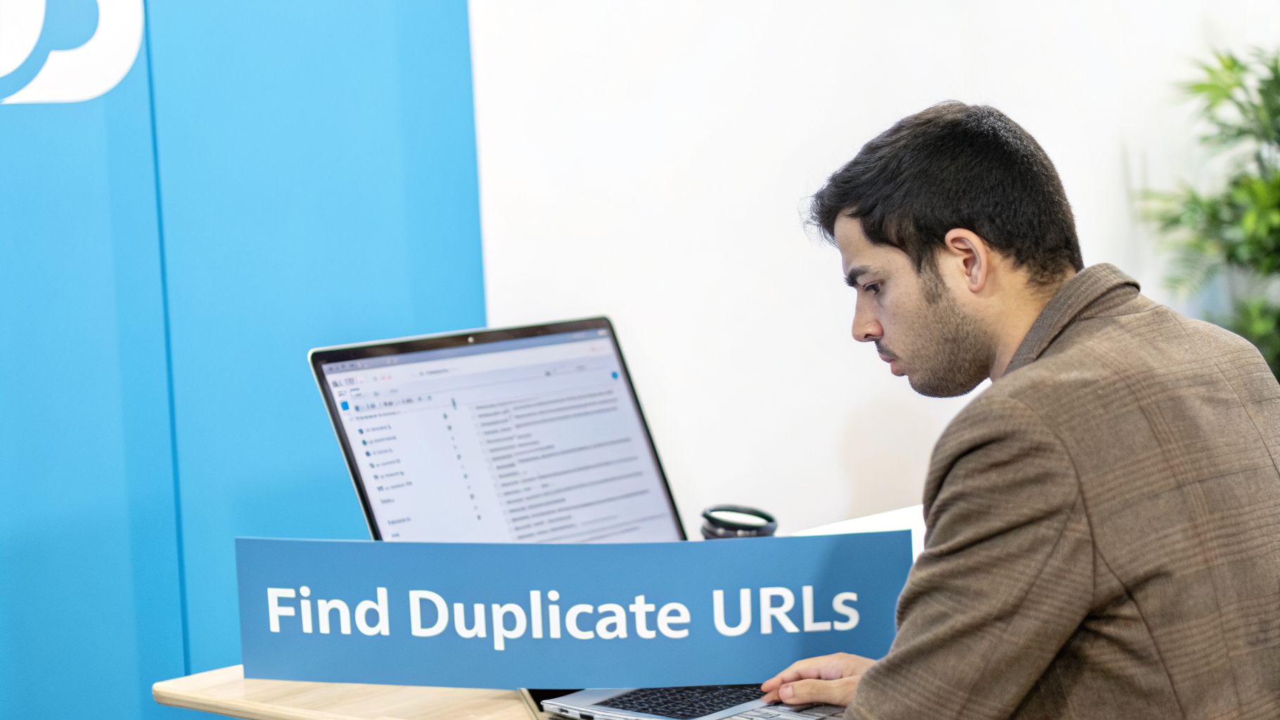 A man in a brown plaid jacket using a laptop with a 'Find Duplicate URLs' sign.