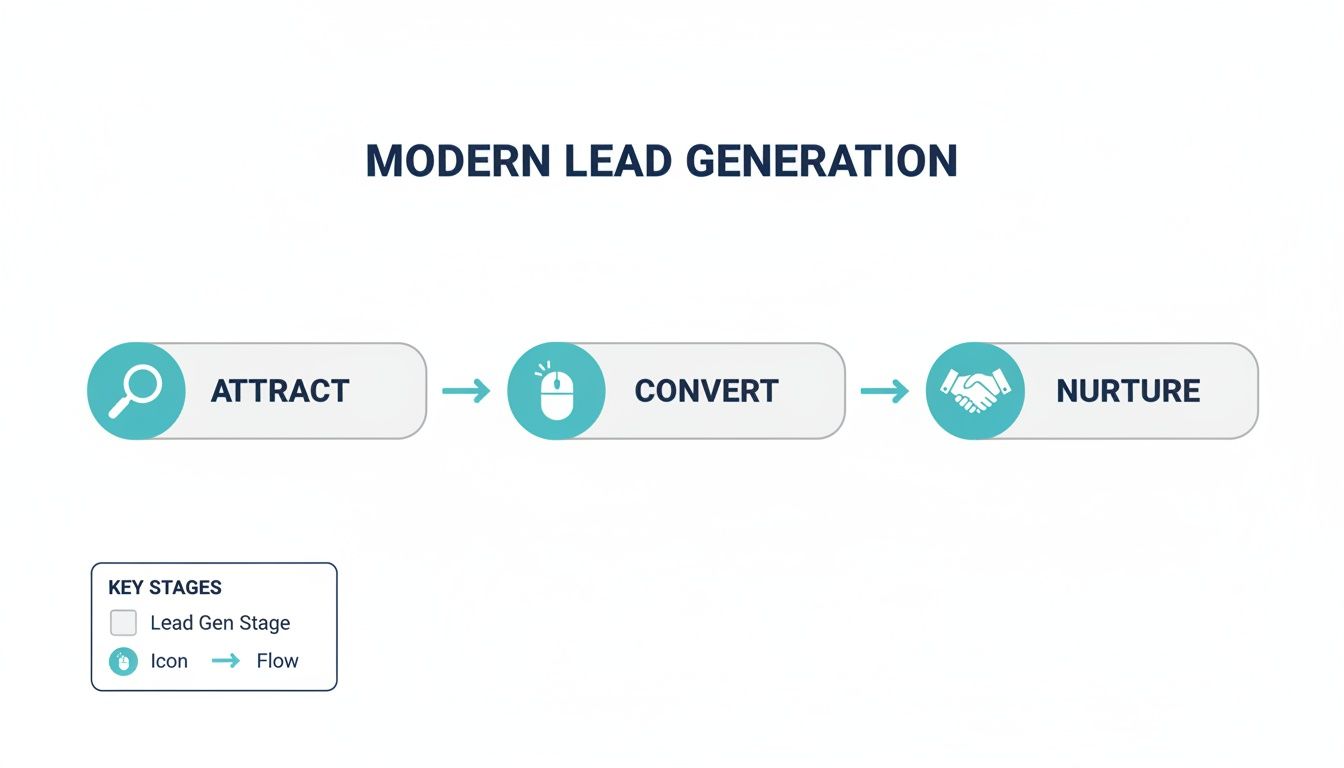 Diagram illustrating modern lead generation stages: attract, convert, and nurture, with icons.