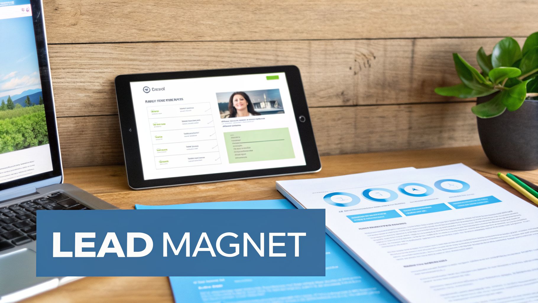 A professional desk setup featuring a laptop, a tablet displaying a business profile, and documents with charts, with a 'Lead Magnet' banner.