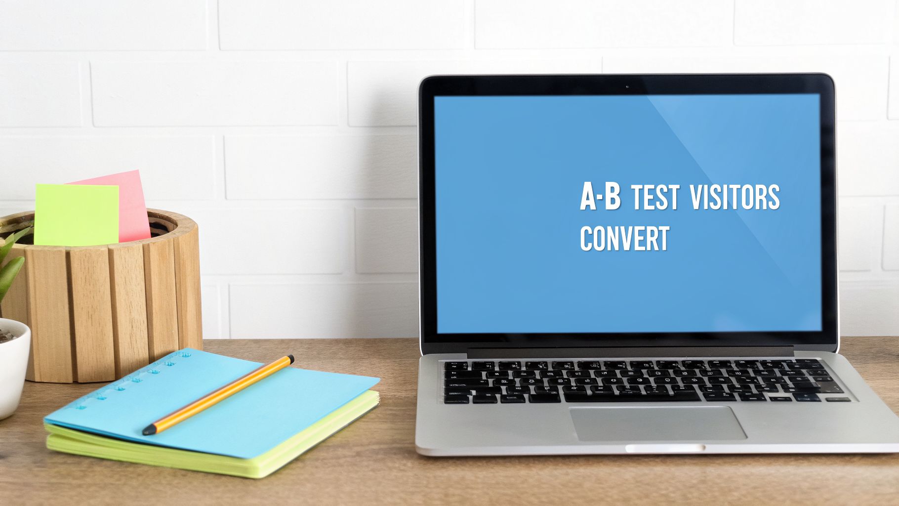 A laptop on a wooden desk displays 'A-B Test Visitors Convert', next to a notebook and sticky notes.