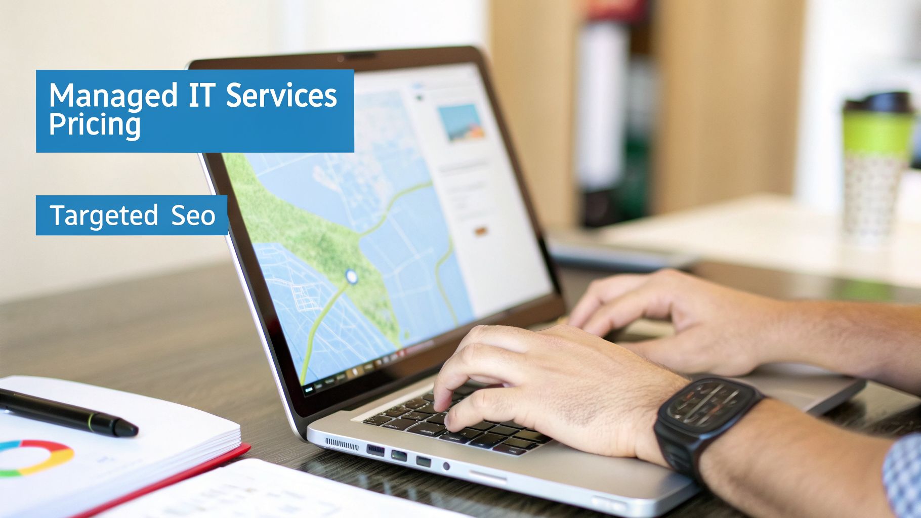 Person typing on a laptop displaying a map, with text overlays 'Managed IT Services Pricing' and 'Targeted Seo'.