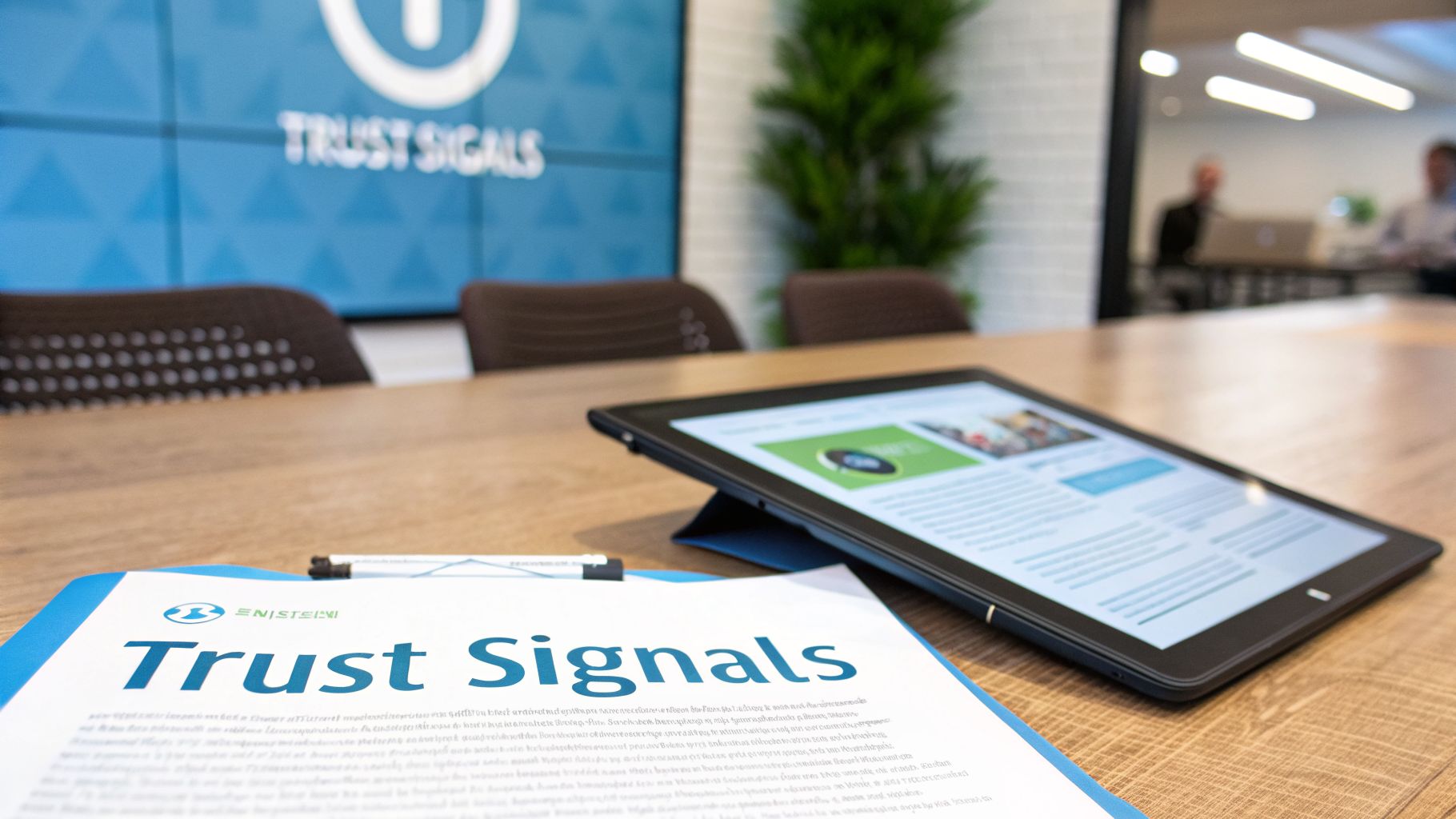 A document titled 'Trust Signals' and a tablet on a wooden conference table in a meeting room.