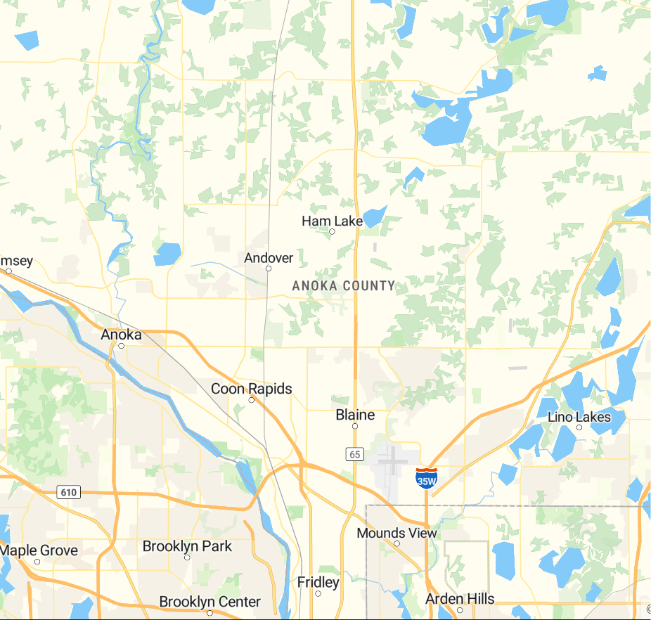 Map showing northern suburbs of Minneapolis, Minnesota, including cities like Anoka, Blaine, Fridley, and Forest Lake, with highways I-35, I-35W, I-35E, I-94, and 694 marked.