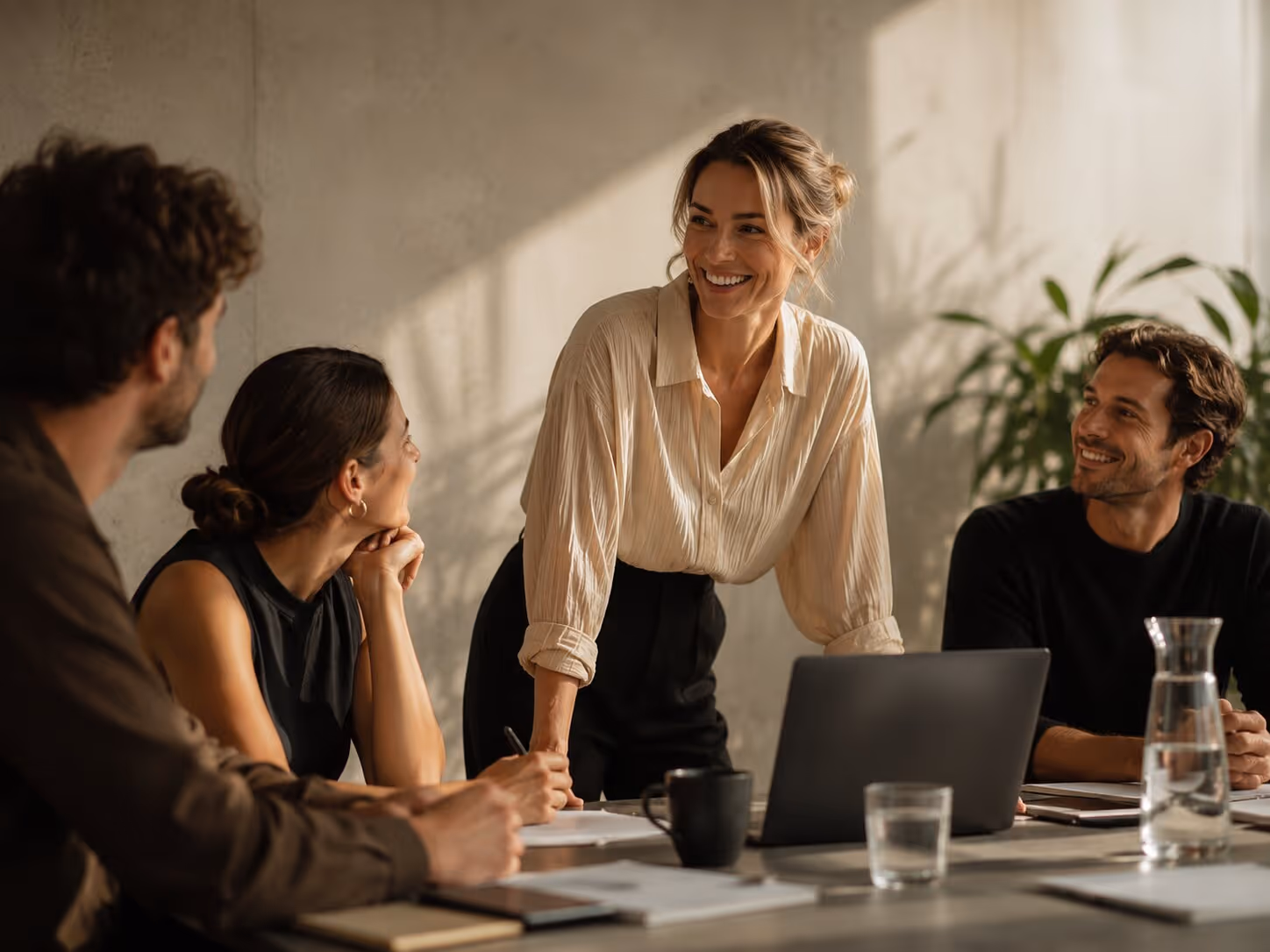 Smiling woman standing and talking with three seated colleagues around a table with a laptop.