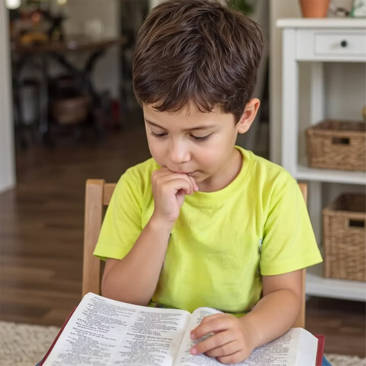 Criança lendo um livro aberto sentada em uma cadeira em ambiente doméstico.