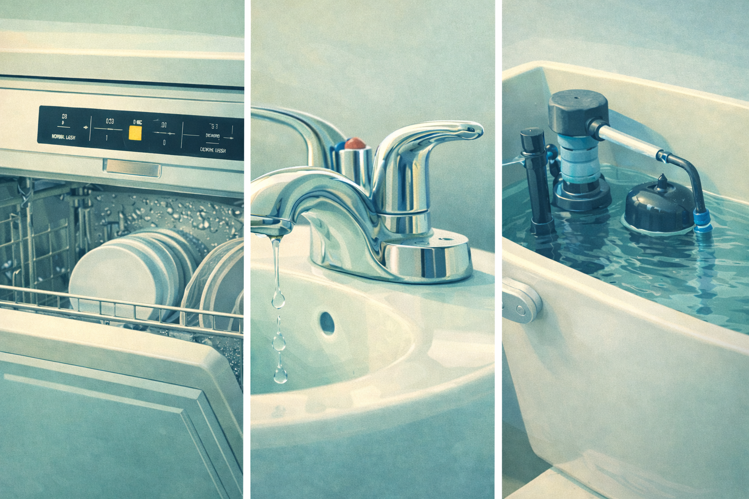 Three pictures showing different ways plumbing can be stressed or fail due to water pressure fluctuations