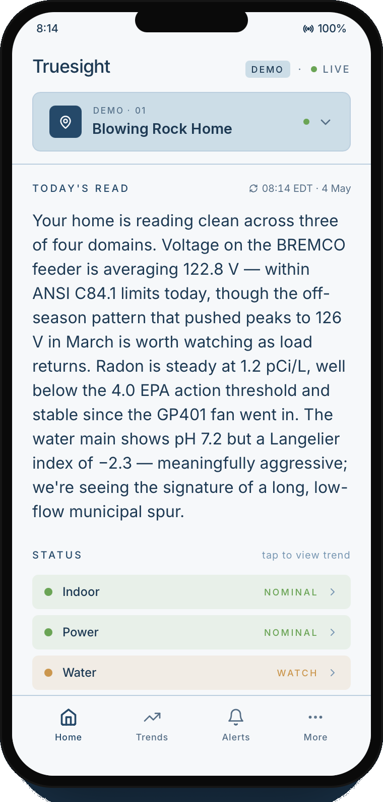 Truesight demo app — the morning read for a monitored Blowing Rock home, in plain language