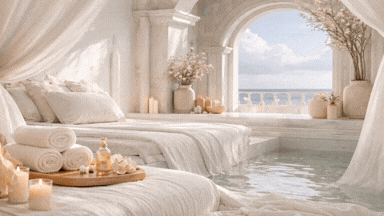A mobile spa set up in a greek inspired bedroom
