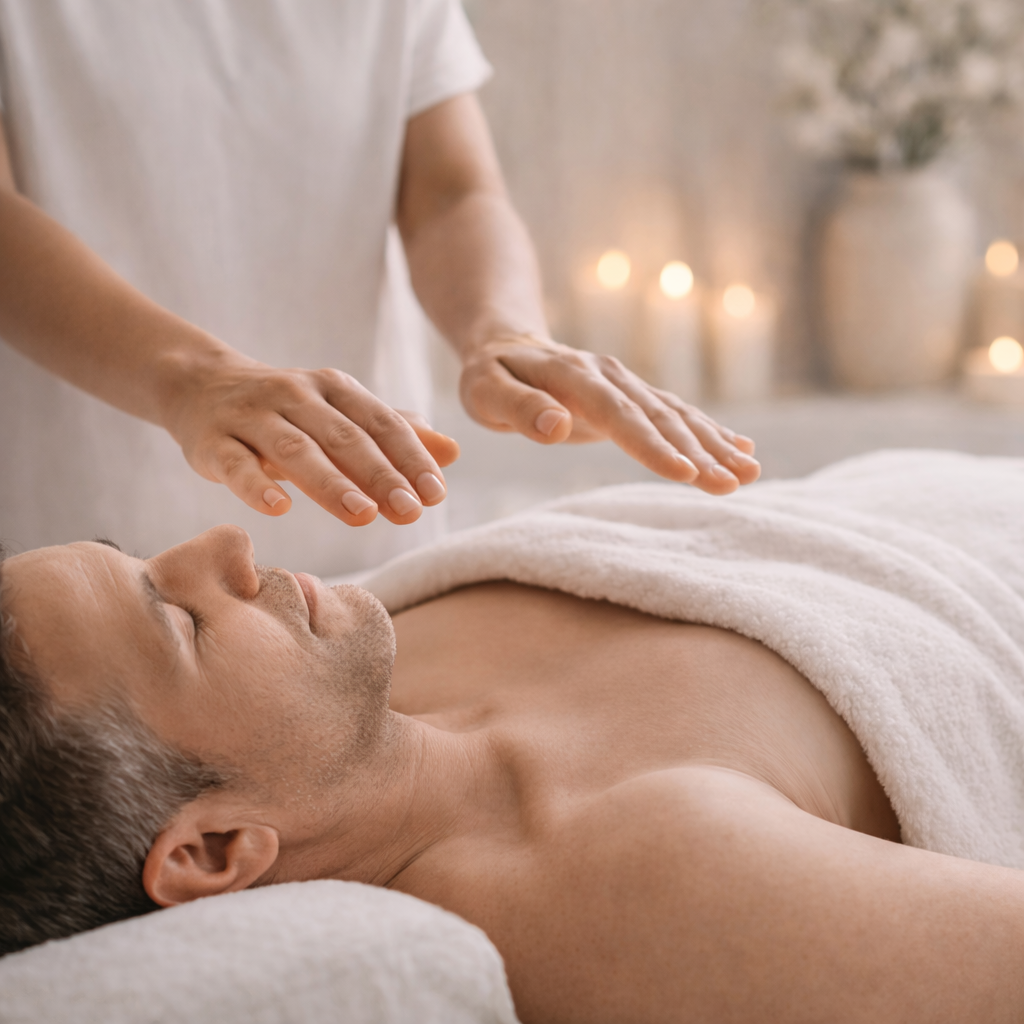 Hands performing reiki over body