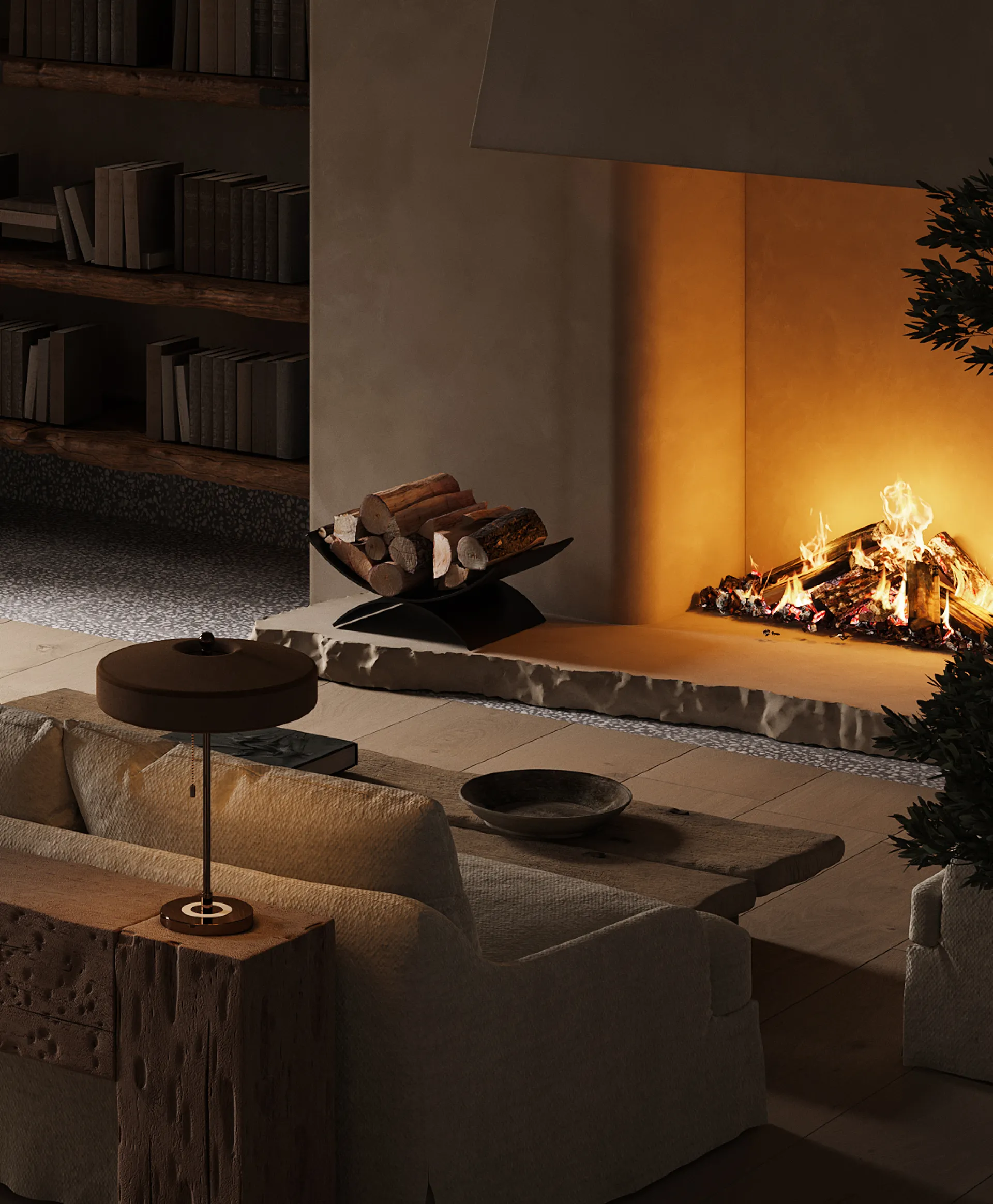 Cozy living room with a lit fireplace, beige sofa, wooden coffee table, table lamp, and wood logs in a metal holder.