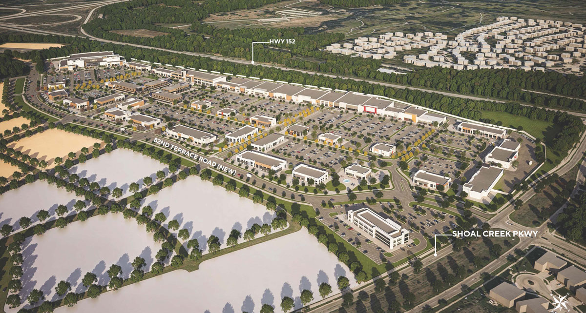 Aerial view of a large commercial shopping center with numerous buildings and parking lots, surrounded by roads labeled 82nd Terrace Road, Shoal Creek Parkway, and HWY 152, bordered by trees and residential areas.