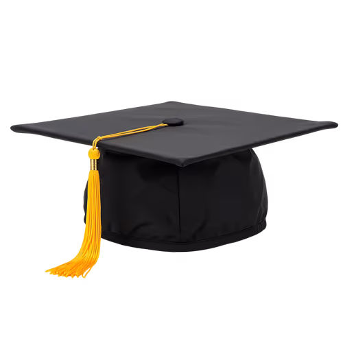 Black graduation cap with a yellow tassel.