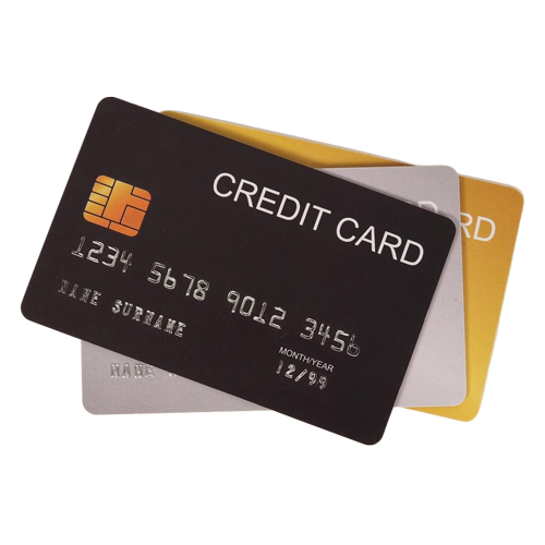 Three credit cards stacked, with a black credit card showing card number, chip, and placeholder name in front.