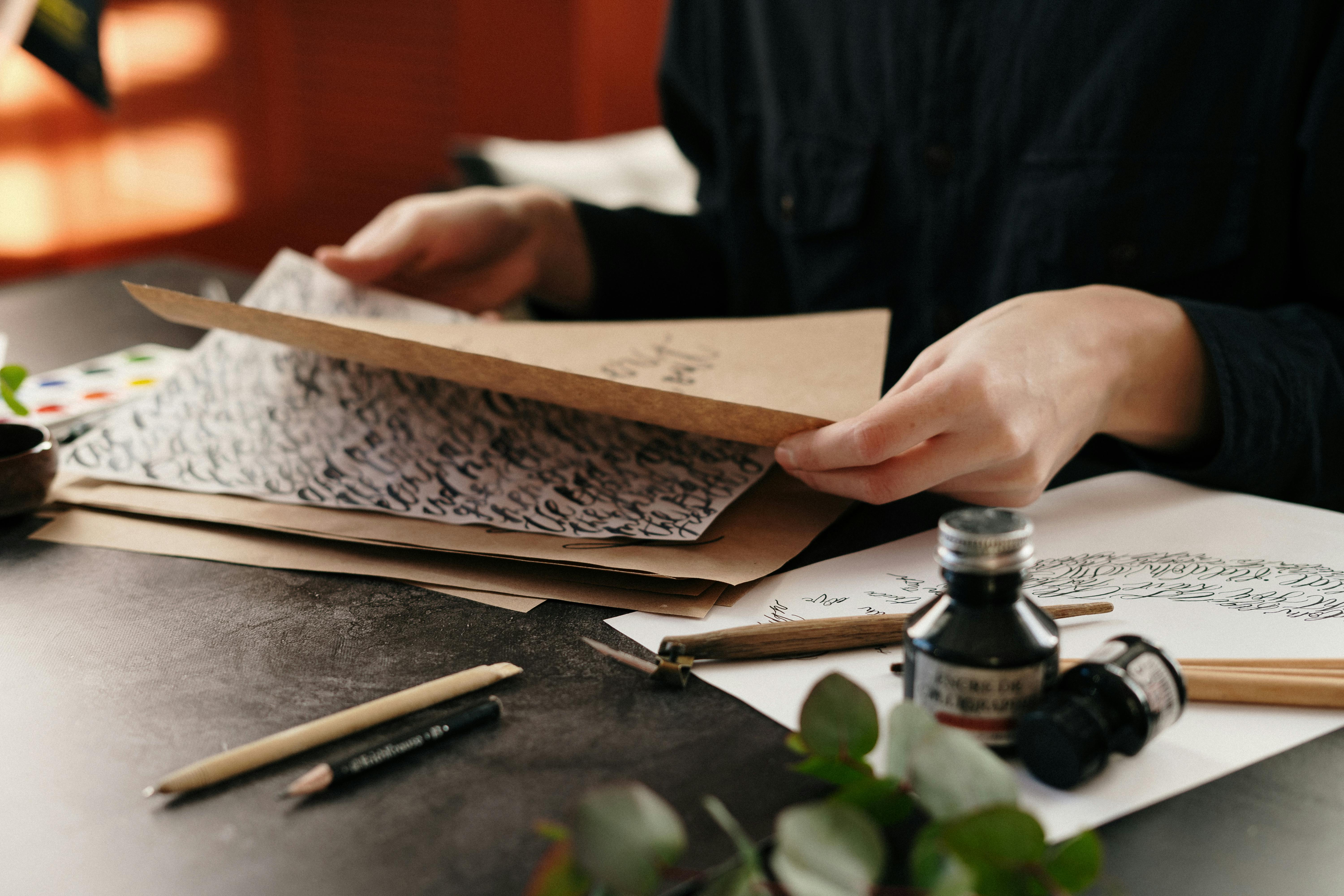 Person flipping through handwritten calligraphy pages on a desk with ink bottles, a calligraphy pen, and pencils.