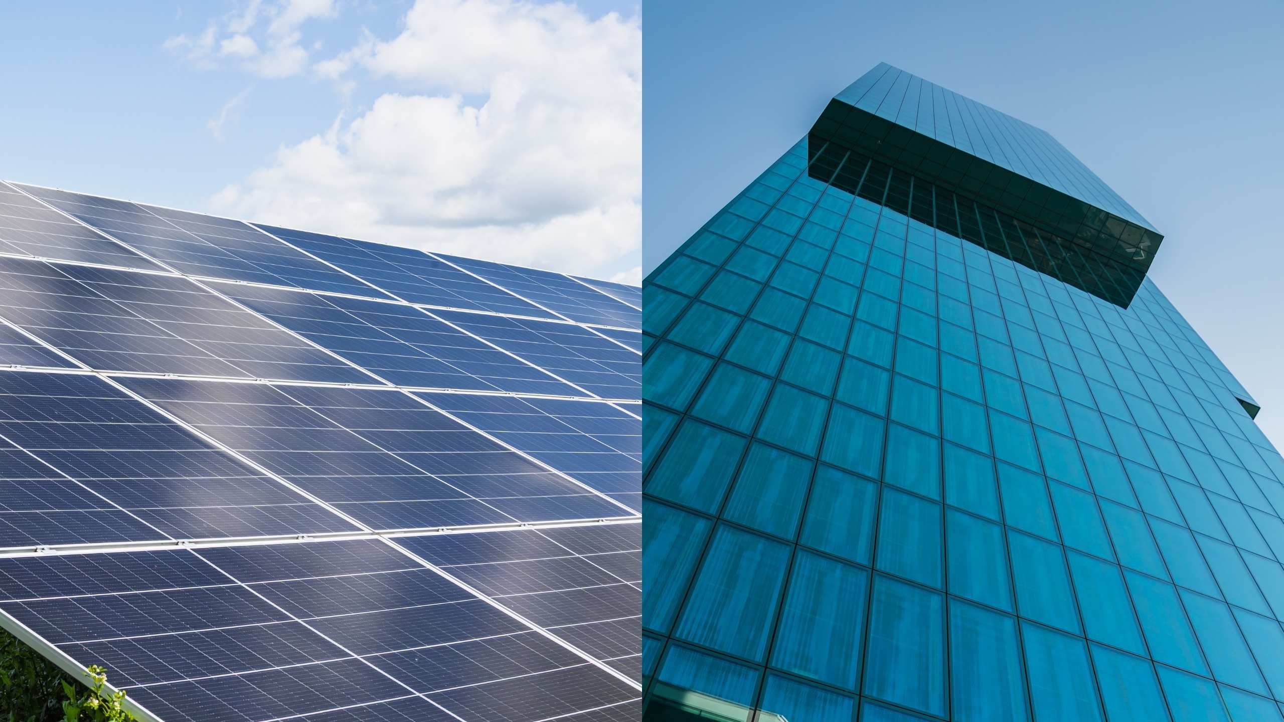 Traditional solar panel farm on left, prime tower with PV-glass on right