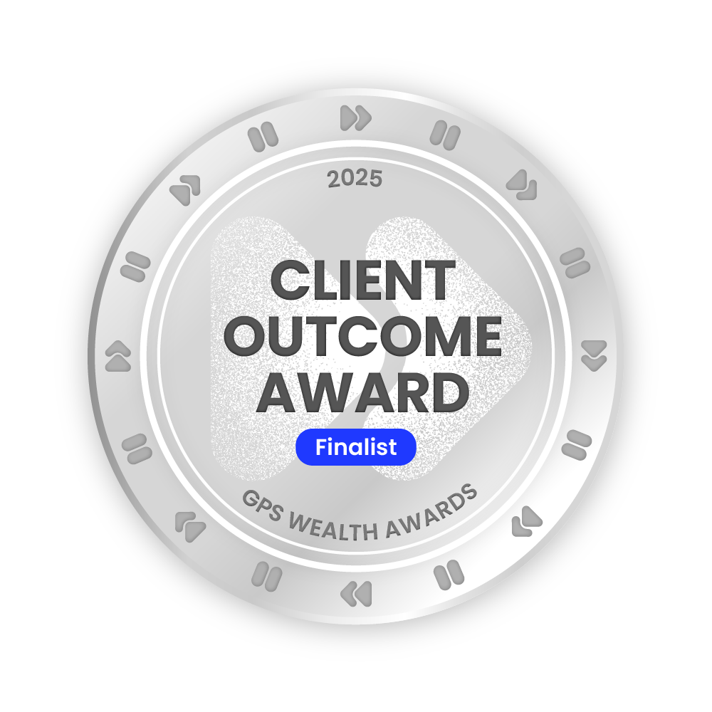 Silver medal with text 2025 Client Outcome Award Finalist and GPS Wealth Awards.
