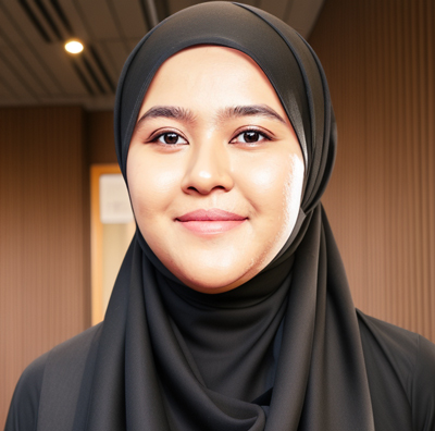 Smiling woman wearing a black hijab with a warmly lit indoor background.