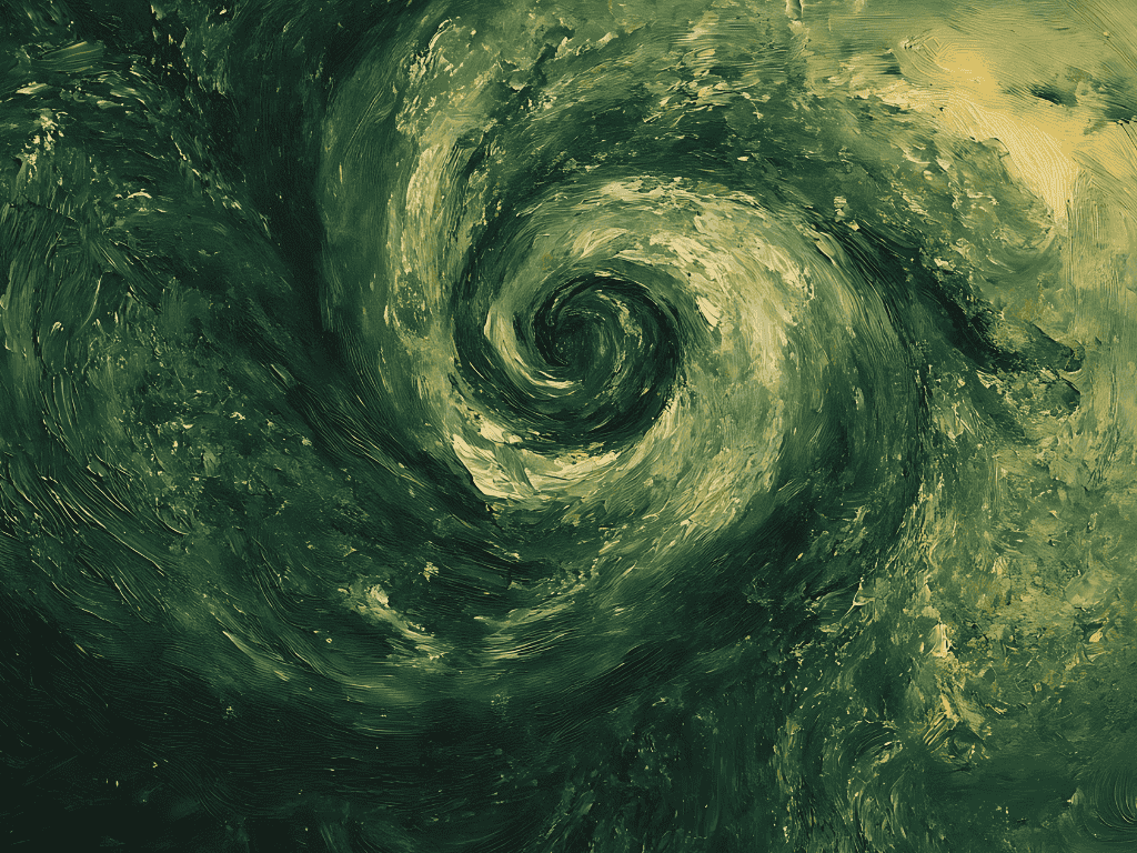 Abstract oil painting of a swirling vortex with shades of yellow and green.