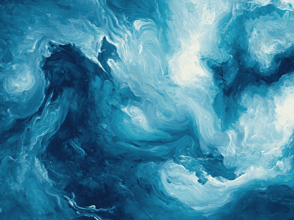 Abstract fluid art with swirling shades of blue and white, resembling ocean waves or clouds.