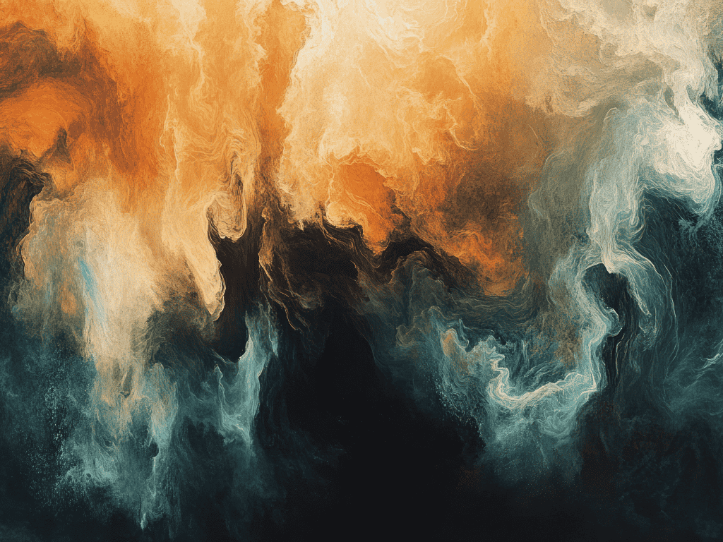 Abstract fluid art with swirling patterns in shades of orange, cream, and dark blue.
