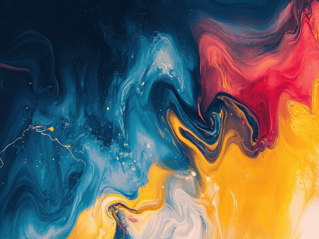 Abstract fluid art with swirling patterns in navy blue, red, yellow, and white colors.
