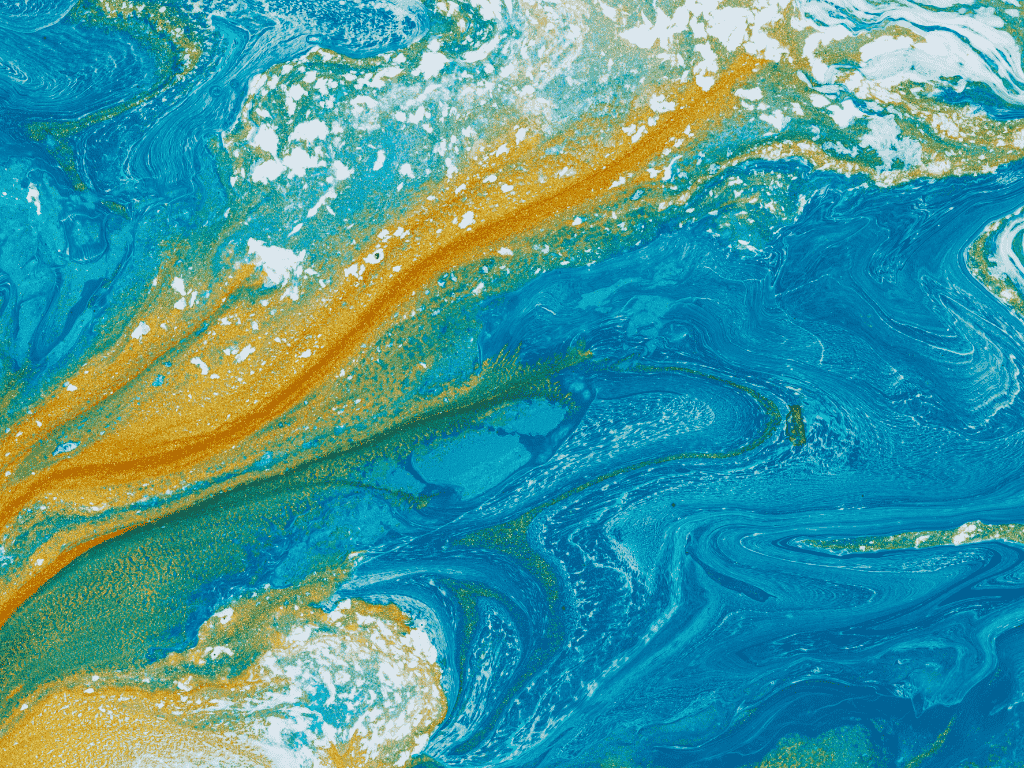 Abstract marbled pattern with swirling shades of blue, white, gold, and hints of green.