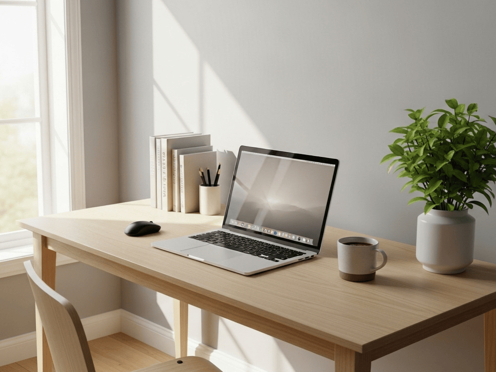 Minimalist wooden desk with an open laptop, a mouse, books, a cup of coffee, and a green plant in a white pot by a window.