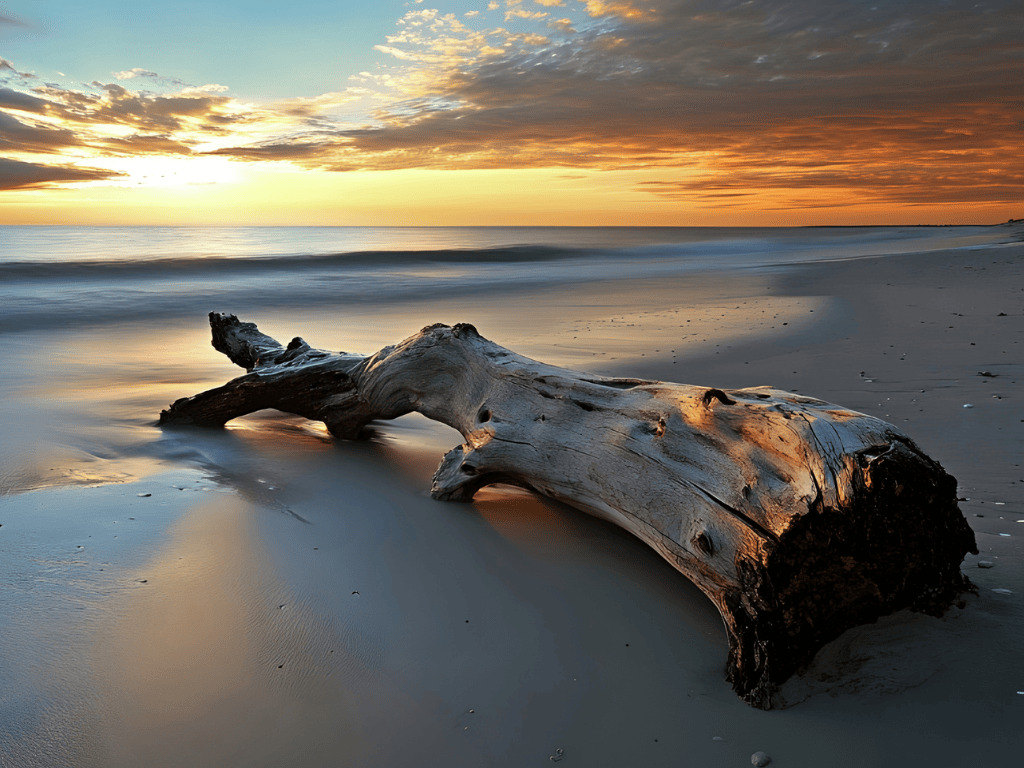 Large driftwood log resting on a sandy beach at sunset with waves and a colorful sky.
