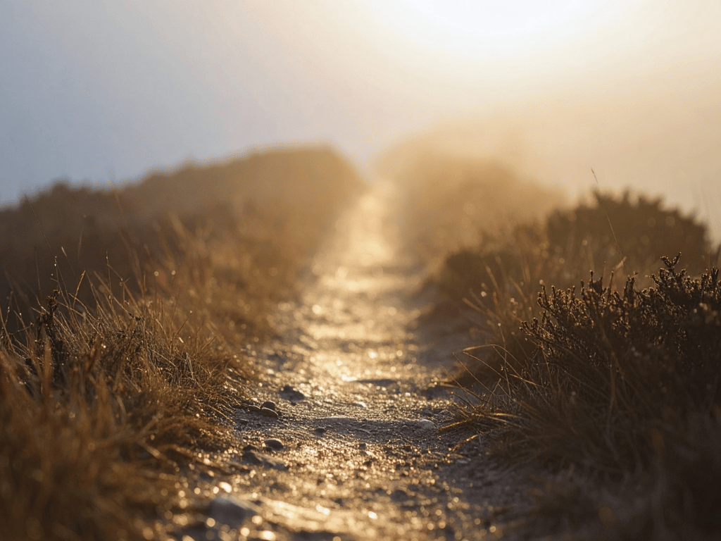 Sunlit dirt path with dry grass and small shrubs on either side, leading into a hazy background.