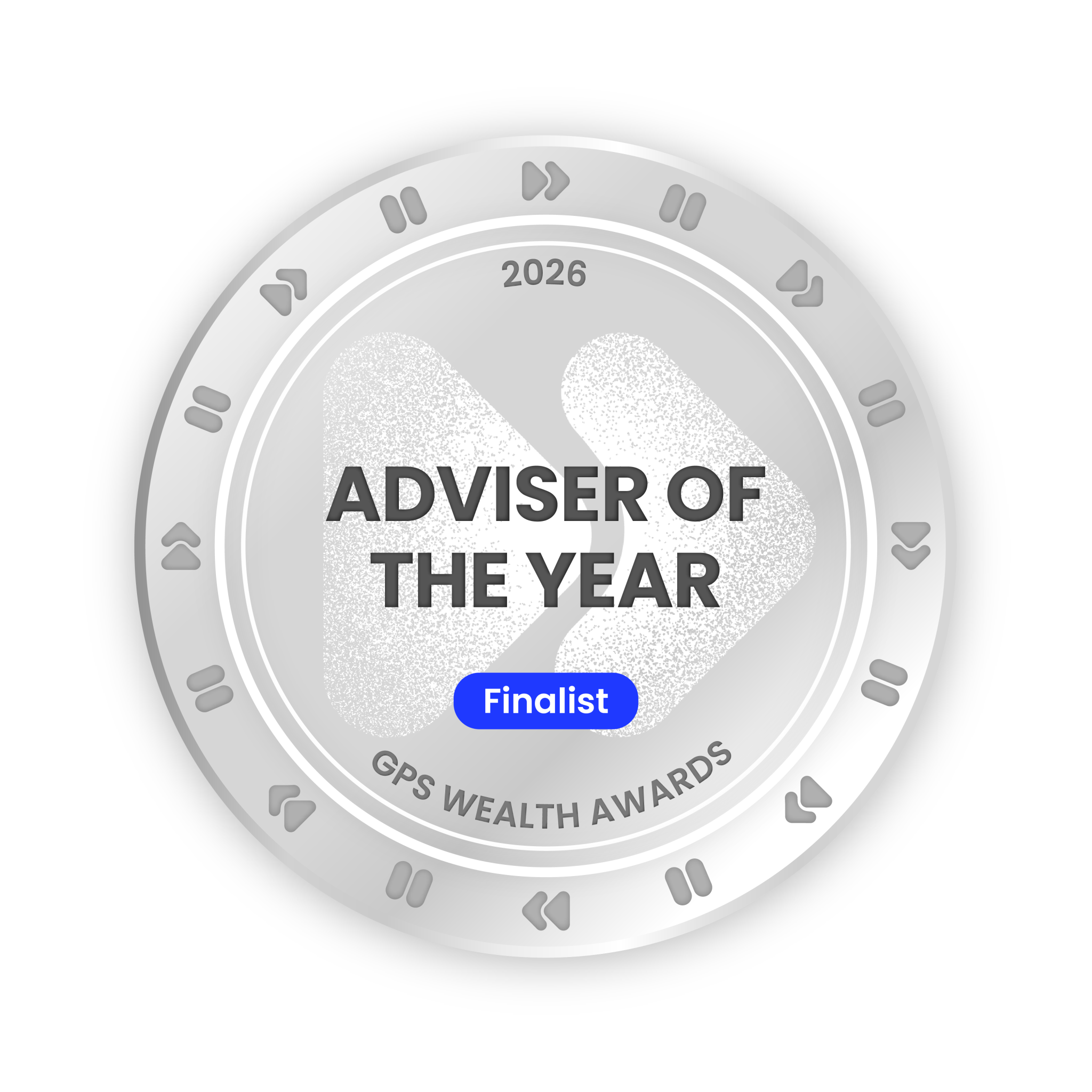 Silver circular medal with text '2025 Client Outcome Award Finalist GPS Wealth Awards'.