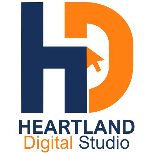 Logo combining a navy blue H and an orange D with a cursor arrow inside, and text reading Heartland Digital Studio.