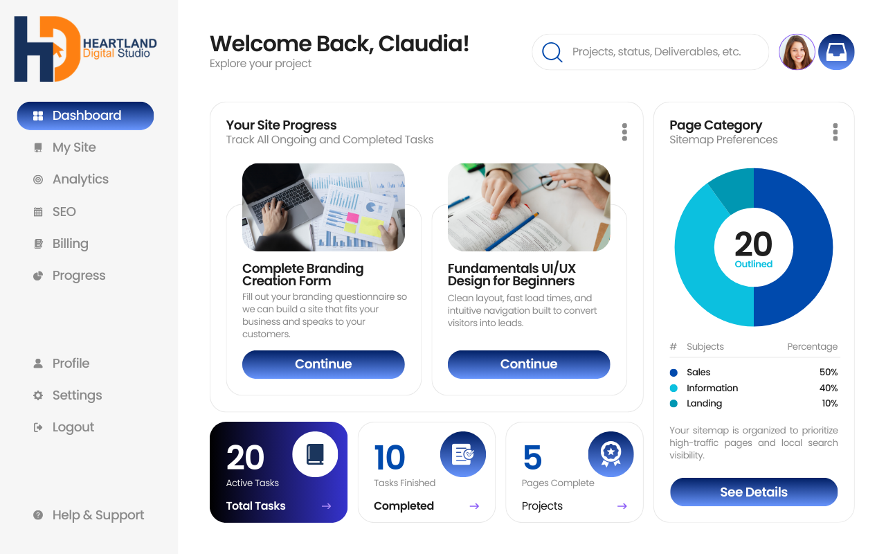 E-learning dashboard showing user welcome, site progress with tasks and branding forms, and a page category pie chart with sales, information, and landing percentages.