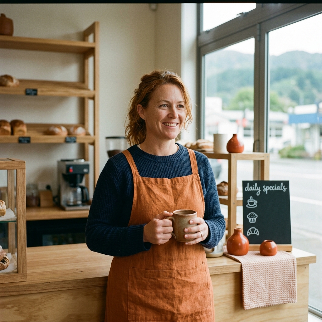 A small business owner standing in their workplace in New Zealand