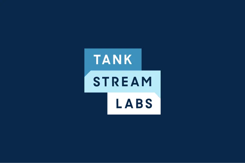 Logo with the words Tank Stream Labs in stacked blue and white rectangular blocks on a dark blue background.