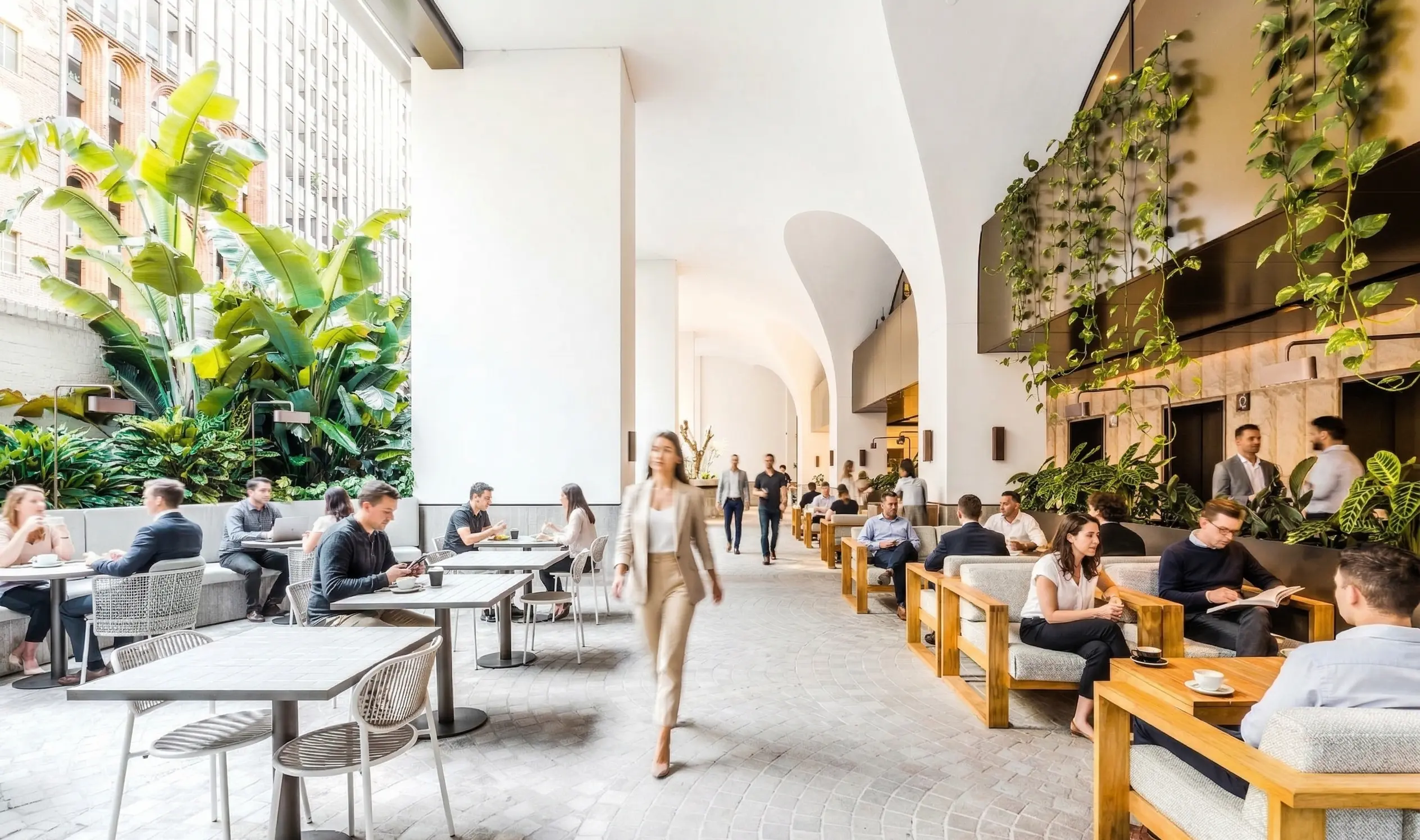 Bright modern café with people sitting at tables and couches, surrounded by large green plants and arched white ceilings.