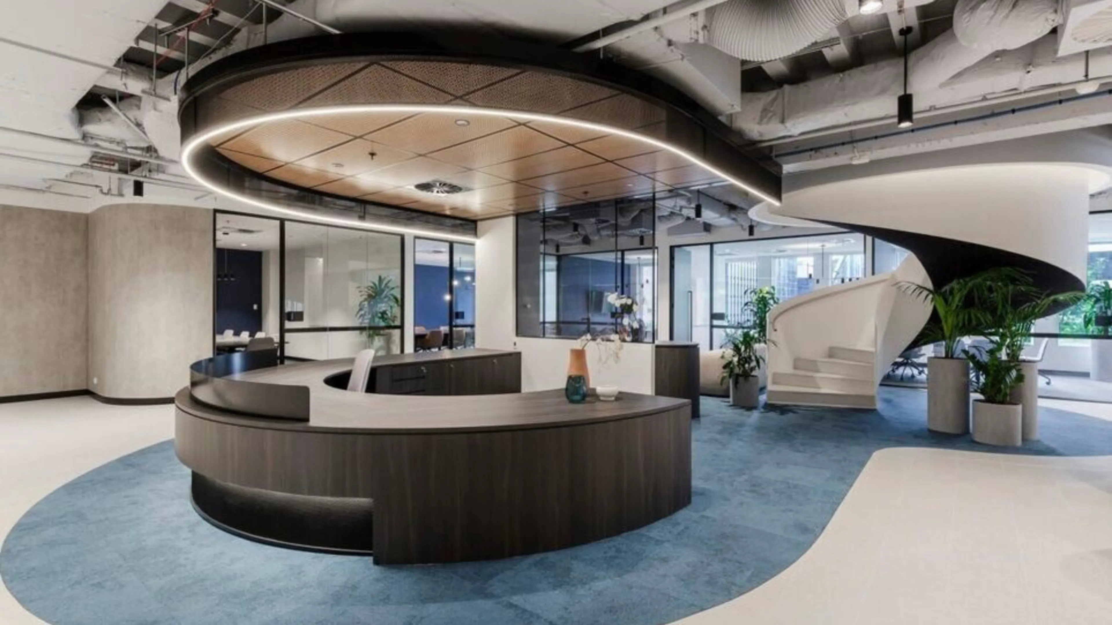 Modern office reception area with a curved wooden desk, circular ceiling light, blue carpet, and white spiral staircase surrounded by plants.