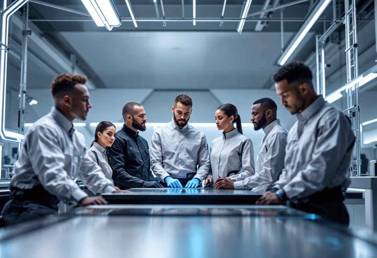 image depicting employees collaborating (for a manufacturing plant)