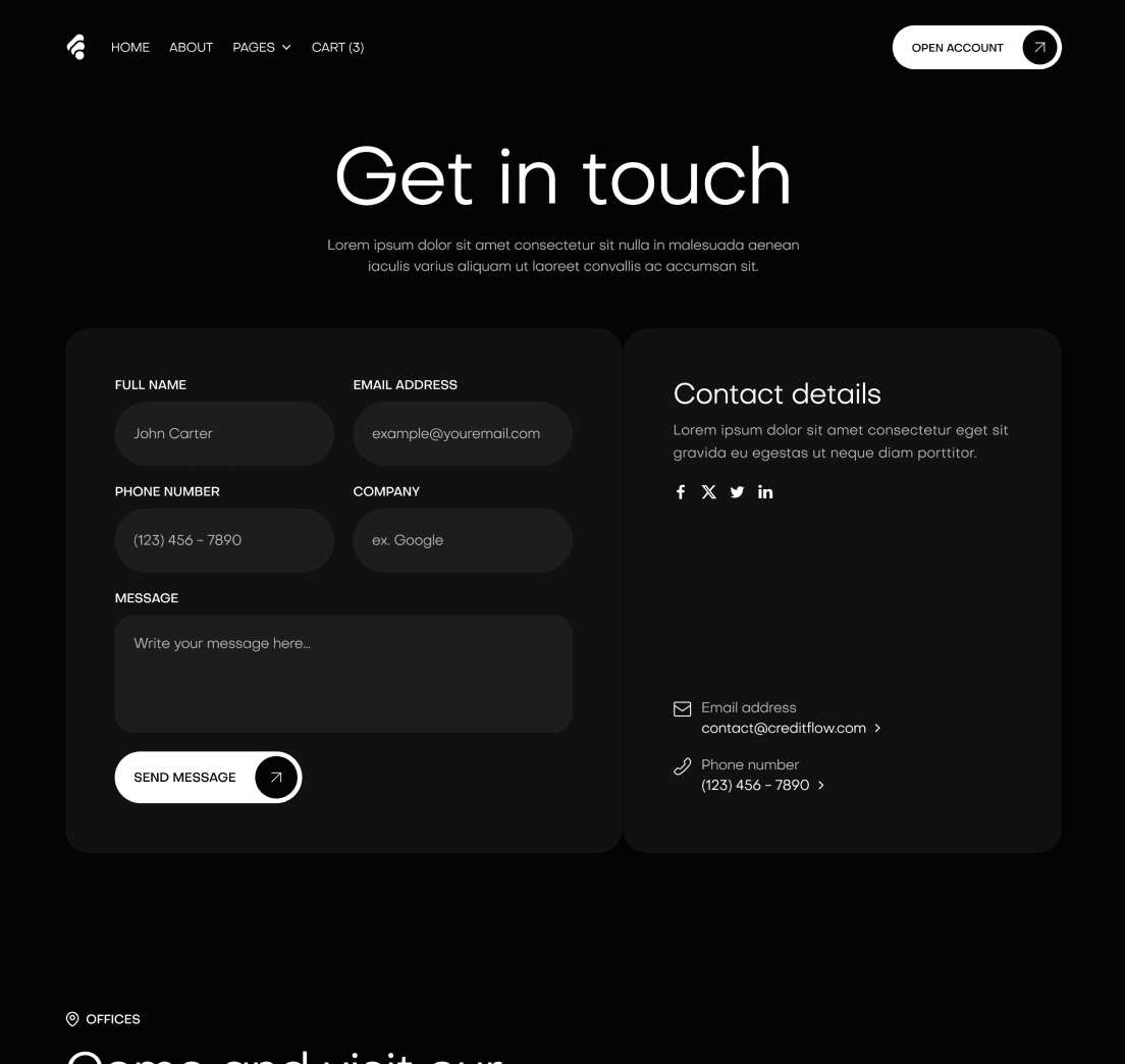 Creditflow - Contact V1 Page - Bank Webflow Template | BRIX Templates